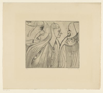 Groep figuren en gezicht met uitgestoken tong door Samuel Jessurun de Mesquita (signed by artist)