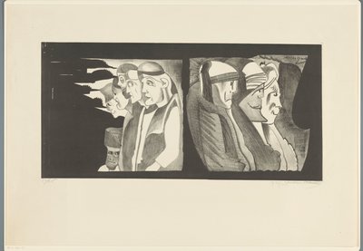 Twee groepen figuren met de ruggen naar elkaar toe door Samuel Jessurun de Mesquita (signed by artist)