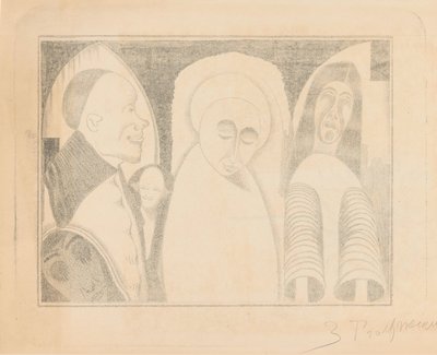 Fantasie: diverse figuren, de meest rechter met mouwen als kokers door Samuel Jessurun de Mesquita