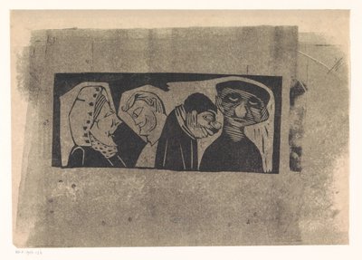 Vier gestileerde mensfiguren op een rij door Samuel Jessurun de Mesquita