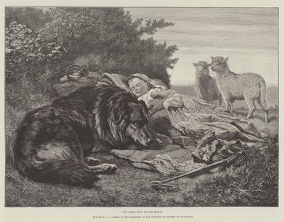 Zijn eerste bezoek aan de kudde, in de tentoonstelling van het Instituut van Schilders in Olieverf door Samuel John Carter