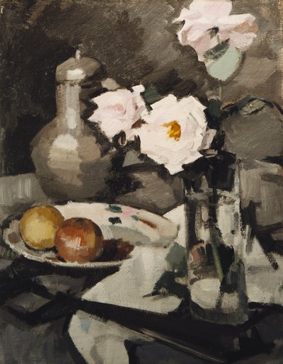 Roze rozen in een glazen vaas, ca. 1924 door Samuel John Peploe