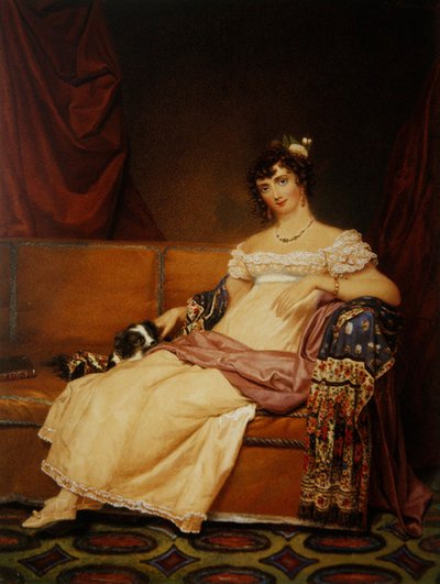 Lady Waterhouse zittend op een bank met haar spaniël door Samuel John Stump
