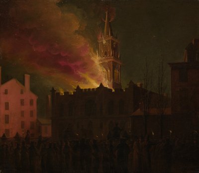 Brand van de Vrijmetselaarshal, Chestnut Street, Philadelphia, Pennsylvania, 1819 door Samuel Jones