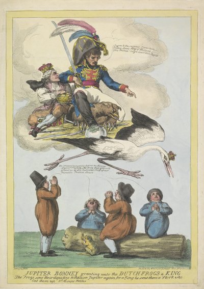 Napoleon stuurt Lodewijk Napoleon als koning in de vorm van een ooievaar naar Holland, 1806 door Samuel Knight