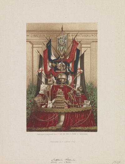 Trofee als versiering bij de viering van het twintigjarig bestaan van de Delftsche Academie, 1862 door Samuel Lankhout