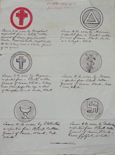 Ontwerpen voor lamens (kraagjuwelen) voor de verschillende officieren van een Gouden Dageraad Tempel, 1888 (inkt op papier) door Samuel Liddell MacGregor Mathers