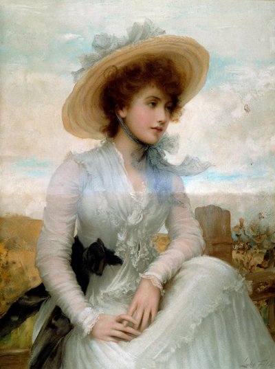 Portret van een jonge vrouw met een strohoed door Samuel Luke Fildes