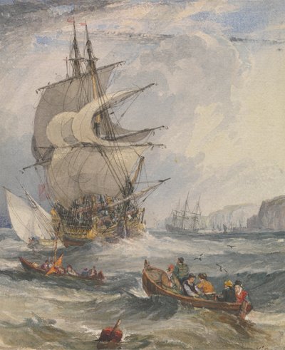 Zeilschepen en kleine boten in ruwe zee voor de kust door Samuel Owen