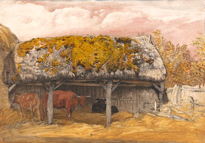Een Koeienstal met een Mossig Dak door Samuel Palmer
