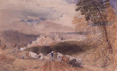 Heuvelachtig landschap met boeren die ploegen door Samuel Palmer