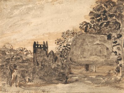 Rietgedekte cottage en kerk door Samuel Palmer