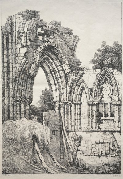 Een reeks oude gebouwen en landelijke huisjes in het noorden van Engeland: In York, ruïnes, 1821 door Samuel Prout