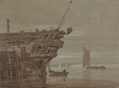 Een Oost-Indiëvaarder Voor Anker, Kleine Boten Langszij, Andere Boten Verder Weg door Samuel Prout