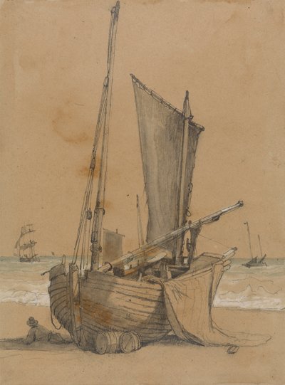 Vissersboot op het Strand met een Brik op Zee door Samuel Prout