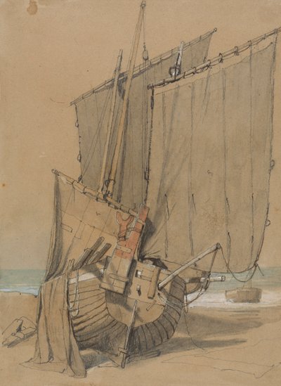 Vissersboten op het strand met drogende zeilen door Samuel Prout
