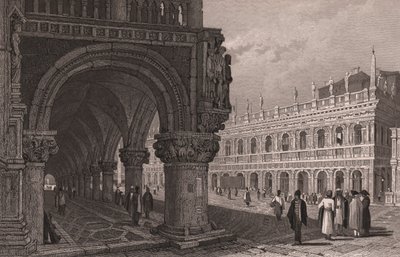 Verkorting van de arcade van het Dogepaleis (Palazzo Ducale) met uitzicht op het San Marcoplein en het Bibliotheekpaleis, Venetië, Veneto, Italië, staalgravure naar een tekening van Samuel Prout (1783-1852) door Samuel Prout