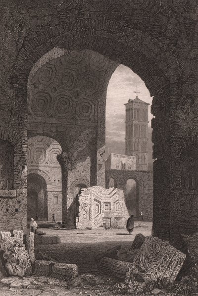 De Tempel van Vrede of het Forum van Vespasianus, Rome, Lazio, Italië, staalgravure naar tekening van Samuel Prout, circa 15x115 cm door Samuel Prout