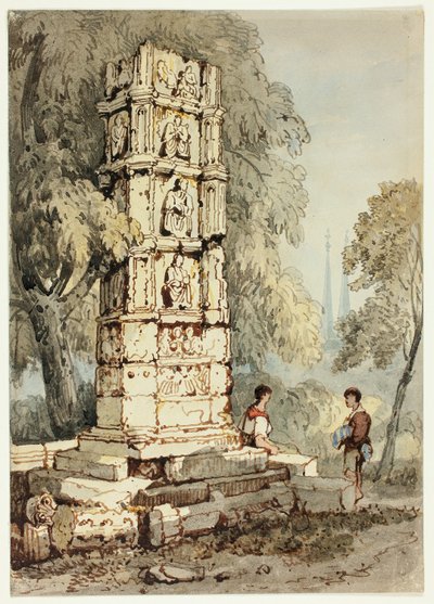 Twee figuren naast middeleeuwse ruïnes, met kerk in de verte door Samuel Prout