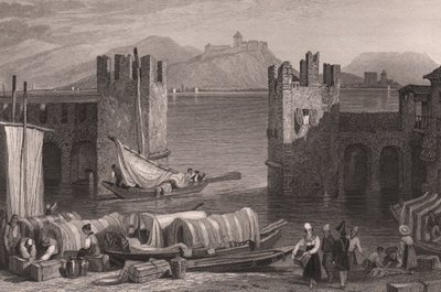 Uitzicht op het kasteel van Angera in Arona, Lago Maggiore, Piëmont, Italië, staalgravure naar een tekening van Samuel Prout (1783-1852) door Samuel Prout