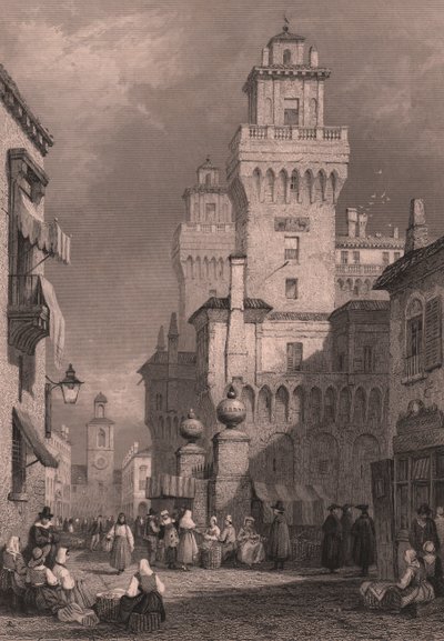 Uitzicht op Castello Estense, Ferrara, Emilia-Romagna, Italië, staalgravure door John Godfrey (ca. 1817-1889) naar tekening van Samuel Prout (1783-1852), ca. 26x17 cm, gepubliceerd door Blackie and Son door Samuel Prout