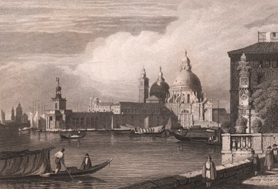 Uitzicht op het Canal Grande met Punta della Dogana en de Basiliek van Santa Maria della Salute op de achtergrond, Venetië, Italië, gravure naar tekening van Samuel Prout door Samuel Prout