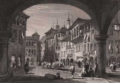 Uitzicht op de marktplaats in Domodossola, Piëmont, Italië, staalgravure naar een tekening van Samuel Prout (1783-1852) door Samuel Prout