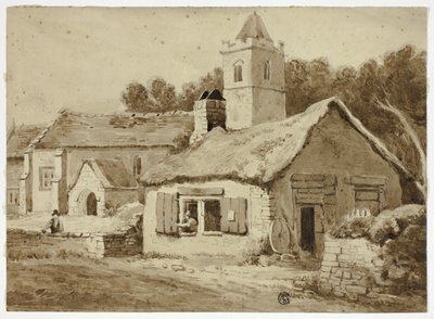 Dorpskerk en straat door Samuel Prout