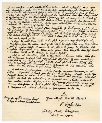 Brief van Samuel Richardson, 22 maart 1754 door Samuel Richardson