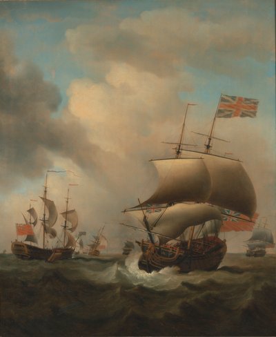 Schepen in een Woelige Zee door Samuel Scott