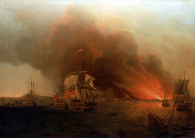 De Verbranding van Payta, november 1741, midden 18e eeuw door Samuel Scott