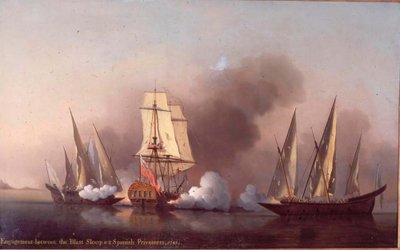 Het Engagement tussen de Blast Sloep en twee Spaanse Kapers door Samuel Scott