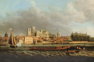 Uitzicht op Westminster vanuit Lambeth met een koninklijke boot op de voorgrond door Samuel Scott