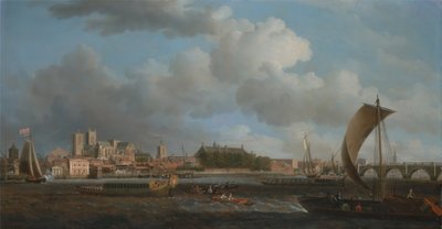 Westminster vanuit Lambeth, met de Ceremoniële Barge van de Ironmongers Company door Samuel Scott