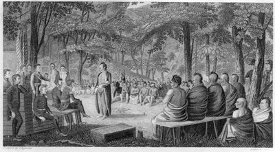Majoor Long houdt een raad met de Oto (Missouri) Indianen, gegraveerd door Lawson, 1819 door Samuel Seymour