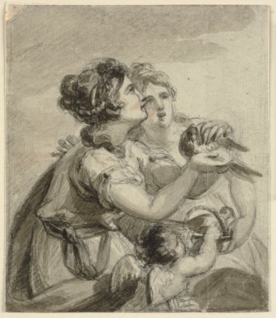 Twee vrouwen met een duif in hun handen en een cupido door Samuel Shelley