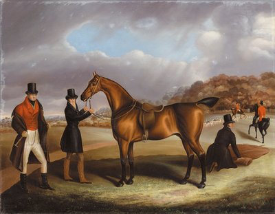 Lord George Bentinck met zijn favoriete jager en stalknechten, in een landschap met een jacht op de achtergrond door Samuel Spode
