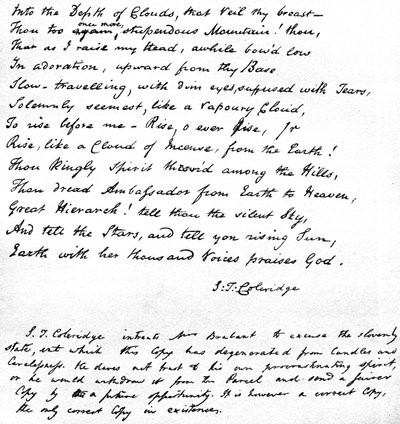 Laatste regels van Coleridges gedicht Hymne voor Zonsopgang in de Vallei van Chamouny, geschreven in het handschrift van de dichter en verzonden in een brief aan mevrouw Brabant van Devizes, 1815 door Samuel Taylor Coleridge