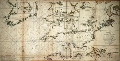 Een nieuwe en correcte grote kaart van het Kanaal tussen Engeland en Frankrijk met de kust van Ierland St. Georges & Bristoll Kanaal en verschillende van de meest opmerkelijke havens door Samuel Thornton