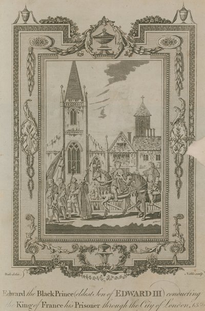 Edward de Zwarte Prins voert zijn gevangene, de Koning van Frankrijk, door Londen door Samuel Wale