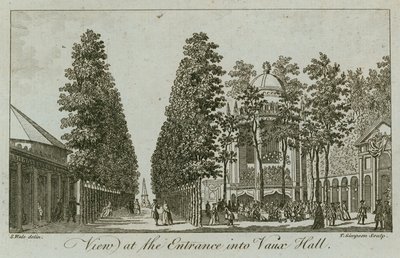 Uitzicht op de ingang van Vauxhall Gardens, Londen door Samuel Wale