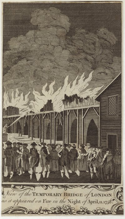 Uitzicht op de tijdelijke brug van Londen zoals deze in brand stond in de nacht van 11 april 1758 door Samuel Wale