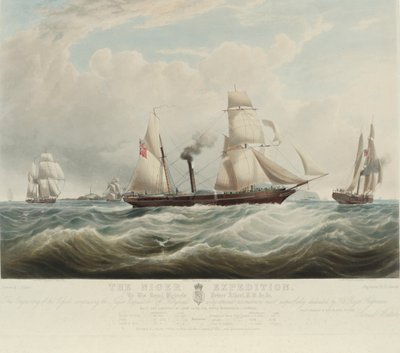 De Nigeriaanse Expeditie, bij de samenvloeiing van de Niger en Benoue rivieren, de schepen Albert, Sudan en Wilberforce bij Holyhead (Wales), augustus-oktober 1841 door Samuel Walters