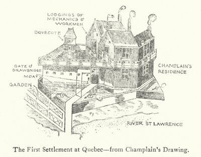De eerste Franse nederzetting in Quebec, begin 17e eeuw (litho) door Samuel de Champlain