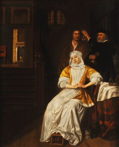 Een dokter bezoekt een jonge dame in een slaapkamer door Samuel van Hoogstraten