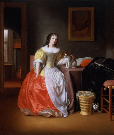 Dame in een gele en rode jurk door Samuel van Hoogstraten