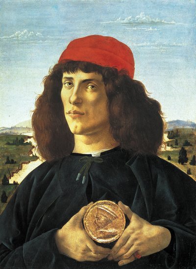 Portret van man met de medaille van Cosme Medicis de Oudere (ca. 1475), schilderij door Alessandro di Mariano dei Filipepi bekend als Sandro Botticelli (1445-1510). Florence, Uffizi Museum door Sandro Botticelli