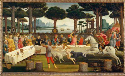 Het verhaal van Nastagio degli Onesti, derde paneel: Nastagio nodigt zijn geliefde en haar familie uit;tijdens de maaltijd ... (schilderij op hout) door Sandro (1444/5-1510) Botticelli