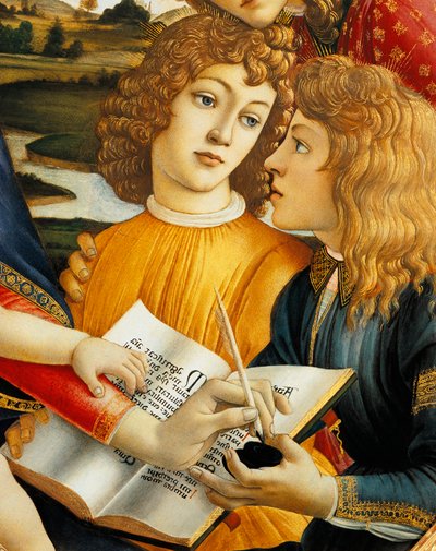 Lorenzo de Magnifieke en zijn broer Giuliano de Medici, detail van Madonna en Kind met engelen of Madonna van de Magnifieke door Sandro Botticelli
