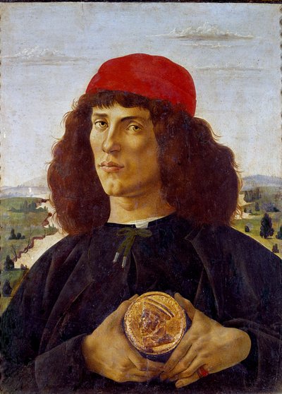 Portret van een onbekende man met de medaille van Cosimo de Medicis (Cosimo de Medici). Schilderij door Alessandro di Mariano dei Filipepi genaamd Sandro Botticelli (1445-1510) door Sandro Botticelli
